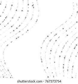 Silver Glittering Stars on White Background. Greeting Card, Wedding, Invitation Template with Shimmering Stars Confetti. Light Sky Vector Background with Free Space for Glamour, Luxury Design.