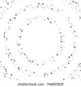 Silver Glittering Stars Round Border on White Background. Wedding, Greeting Card, Invitation Template with Shimmering Stars Confetti Frame. White Sky Vector Background for Luxury, Glamour Design