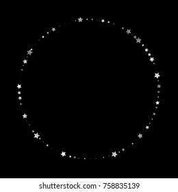 Silver Glittering Stars Round Border on Black Background. Wedding, Greeting Card, Invitation Template with Shimmering Stars Confetti Frame. Night Sky Vector Background for Luxury, Glamour Design.