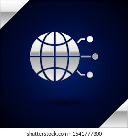 Silver Global technology or social network icon isolated on dark blue background.  Vector Illustration