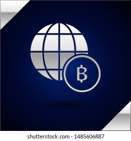 Silver Globe and cryptocurrency coin Bitcoin icon isolated on dark blue background. Physical bit coin. Blockchain based secure crypto currency.  Vector Illustration