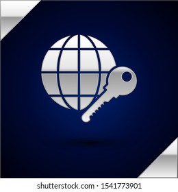 Silver Globe key icon isolated on dark blue background.  Vector Illustration