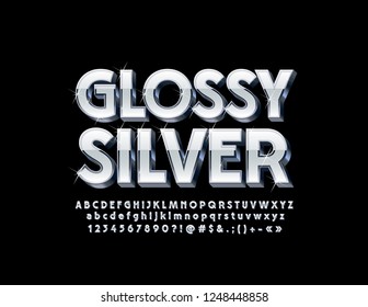 Silver Glossy 3D Font with sparkling Stars. Vector set of stylish Alphabet Letters, Numbers and Symbols.