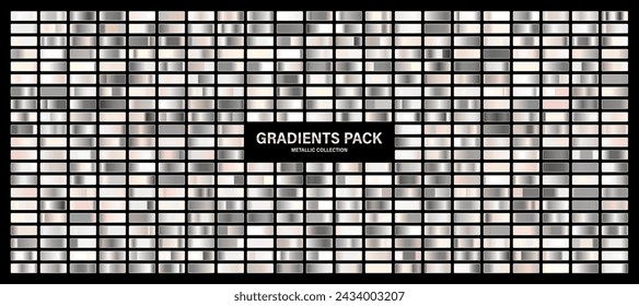 Silver glossy gradient, metal foil texture. Color swatch set. Collection of high quality gradients. Shiny metallic background. Design element. Vector illustration