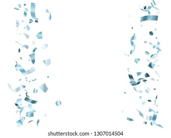 Silver glossy holiday realistic confetti flying vector background. Glamorous flying tinsels, foil texture serpentine streamers, sparkles, confetti falling anniversary background.