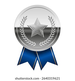 Silver glossy mirror medal with blue ribbons and star for sport and games