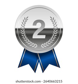 Silver glossy mirror medal with blue ribbons for sport and games