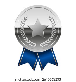 Silver glossy mirror medal with blue ribbons and star for sport and games