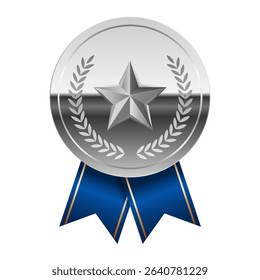 Silver glossy mirror medal with blue ribbons and star for sport and games