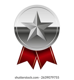 Silver glossy mirror medal with red ribbons and star for sport and games