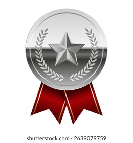 Silver glossy mirror medal with red ribbons and star for sport and games