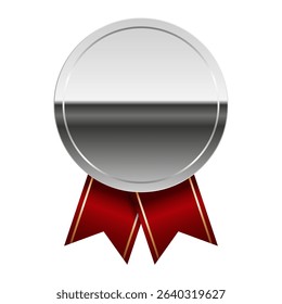Silver glossy mirror medal with red ribbons for sport and games