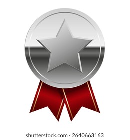Silver glossy mirror medal with red ribbons and star for sport and games