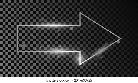 Marco de forma de flecha brillante plateado con chispas aisladas sobre fondo transparente oscuro. Marco brillante con efectos brillantes. Ilustración vectorial.