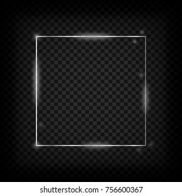 Silver glowing frame. Metal shiny square banner on transparent background. Vector illustration.