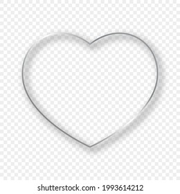 Marco de forma de corazón brillante plateado con sombra aislada sobre fondo transparente. Marco brillante con efectos brillantes. Ilustración vectorial.