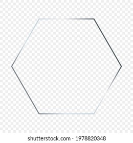 Silver glowing hexagon frame isolated on transparent background. Shiny frame with glowing effects. Vector illustration.