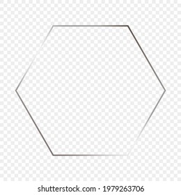 silberglühender Hexagonrahmen einzeln auf transparentem Hintergrund. Leuchtender Rahmen mit leuchtenden Effekten. Vektorgrafik.