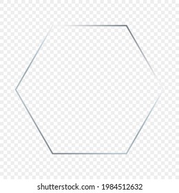 Marco hexagonal brillante plateado aislado sobre fondo transparente. Marco brillante con efectos brillantes. Ilustración vectorial.