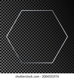 Silver glowing hexagon frame isolated on dark transparent background. Shiny frame with glowing effects. Vector illustration.