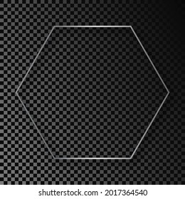 Silver glowing hexagon frame with shadow isolated on dark transparent background. Shiny frame with glowing effects. Vector illustration