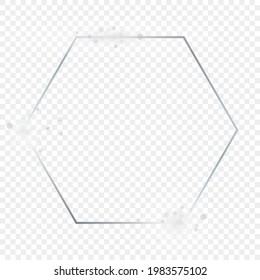 Silver glowing hexagon frame with sparkles isolated on transparent background. Shiny frame with glowing effects. Vector illustration.