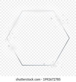 Marco hexágono plateado brillante con destellos aislados sobre fondo transparente. Marco brillante con efectos brillantes. Ilustración vectorial.