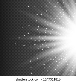 Silver glowing light burst explosion on transparent background. Bright white flare effect decoration with ray sparkles. Transparent shine gradient glare texture. Vector illustration lights effect