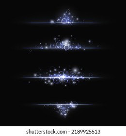 Silver glowing light effect vector illustration. Magic shiny cold white dust line for banner design, luminous glares trail with sparkle glitter flare and shimmer glitz on dark black background