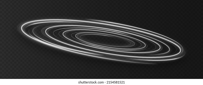 Silver glowing light vortex spiral. White shiny spiral lines. Glittering wavy trail. Glowing spiral effects on a transparent background.