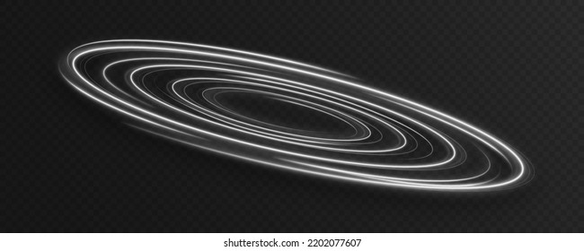 Silver glowing light vortex spiral. Silver shiny spiral lines. Glittering wavy trail.