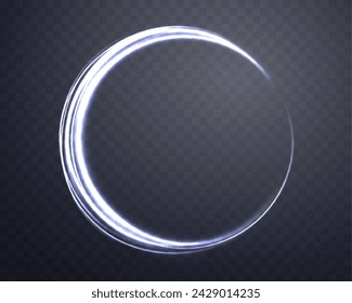 Silver glowing magic ring. Neon realistic energy flare halo ring. Abstract light effect on a dark transparent background. Vector illustration.
