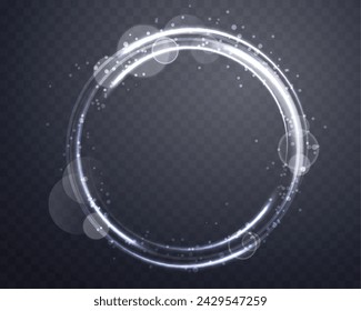 Silver glowing magic ring. Neon realistic energy flare halo ring. Abstract light effect on a dark transparent background. Vector illustration.