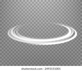 Silver glowing magic ring. Neon realistic energy flare halo ring. Abstract light effect on a transparent background. Vector illustration.