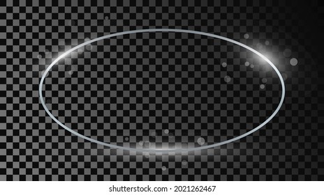 Silver glowing oval shape frame with sparkles isolated on dark transparent background. Shiny frame with glowing effects. Vector illustration