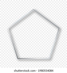 Silver glowing pentagon shape frame with shadow isolated on transparent background. Shiny frame with glowing effects. Vector illustration.