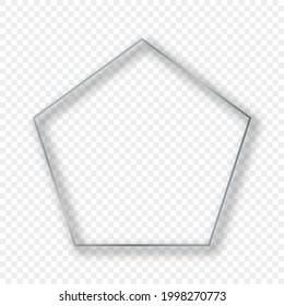 Marco plateado de forma pentágono brillante con sombra aislada sobre fondo transparente. Marco brillante con efectos brillantes. Ilustración vectorial.