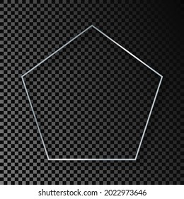 Silver glowing pentagon shape frame with shadow isolated on dark transparent background. Shiny frame with glowing effects. Vector illustration
