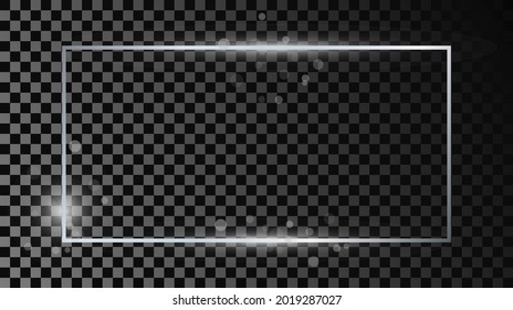Silver glowing rectangular shape frame with sparkles isolated on dark transparent background. Shiny frame with glowing effects. Vector illustration