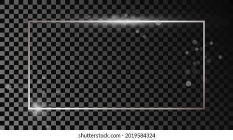 Silver glowing rectangular shape frame with sparkles isolated on dark transparent background. Shiny frame with glowing effects. Vector illustration