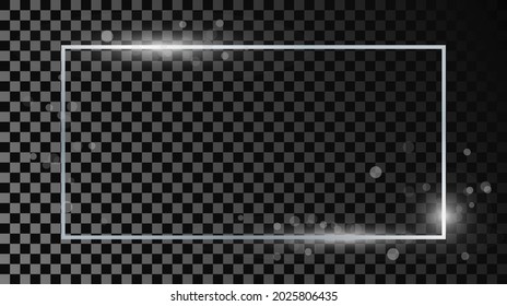 Silver glowing rectangular shape frame with sparkles isolated on dark transparent background. Shiny frame with glowing effects. Vector illustration