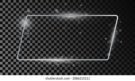 Silver glowing rectangular shape frame with sparkles isolated on dark transparent background. Shiny frame with glowing effects. Vector illustration