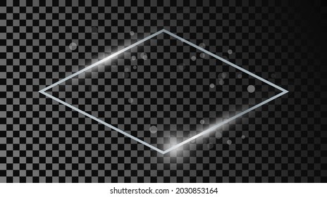 Silver glowing rhombus shape frame with sparkles isolated on dark transparent background. Shiny frame with glowing effects. Vector illustration