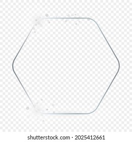 Silber leuchtender, abgerundeter Hexagonrahmen mit Funkeln einzeln auf transparentem Hintergrund. Leuchtender Rahmen mit leuchtenden Effekten. Vektorgrafik