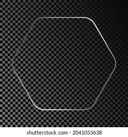 Silver glowing rounded hexagon frame isolated on dark transparent background. Shiny frame with glowing effects. Vector illustration