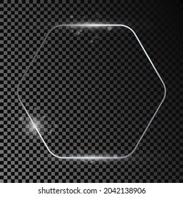 Marco hexagonal redondeado plateado brillante con destellos aislados sobre fondo transparente oscuro. Marco brillante con efectos brillantes. Ilustración del vector