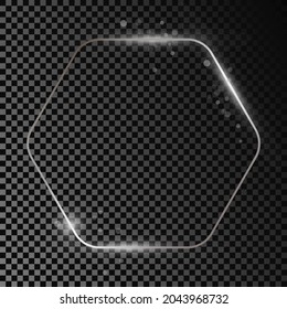 Silver glowing rounded hexagon frame with sparkles isolated on dark transparent background. Shiny frame with glowing effects. Vector illustration