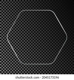 Silver glowing rounded hexagon frame isolated on dark transparent background. Shiny frame with glowing effects. Vector illustration