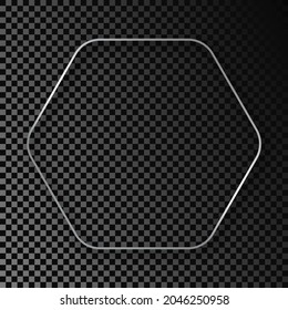 silberglühender, abgerundeter Hexagonrahmen mit Schatten einzeln auf dunkeltransparentem Hintergrund. Leuchtender Rahmen mit leuchtenden Effekten. Vektorgrafik