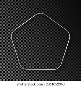 Silver glowing rounded pentagon shape frame with shadow isolated on dark transparent background. Shiny frame with glowing effects. Vector illustration